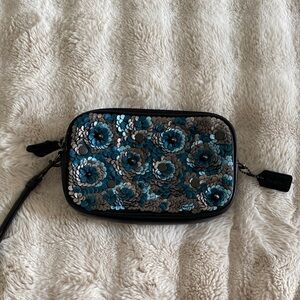Coach Teal and Silver Sequin Floral Wristlet